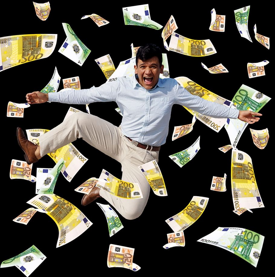 man jumping while spreading banknotes, Winner, money rain, joy, HD wallpaper