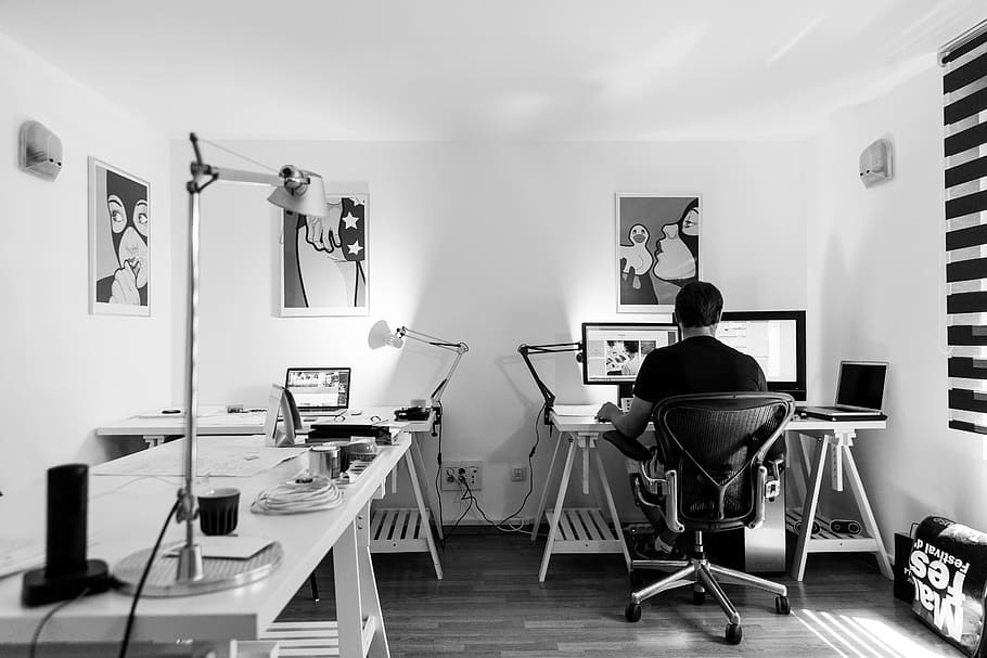 grayscale photo of man using computer, office, work, desk, workplace HD wallpaper