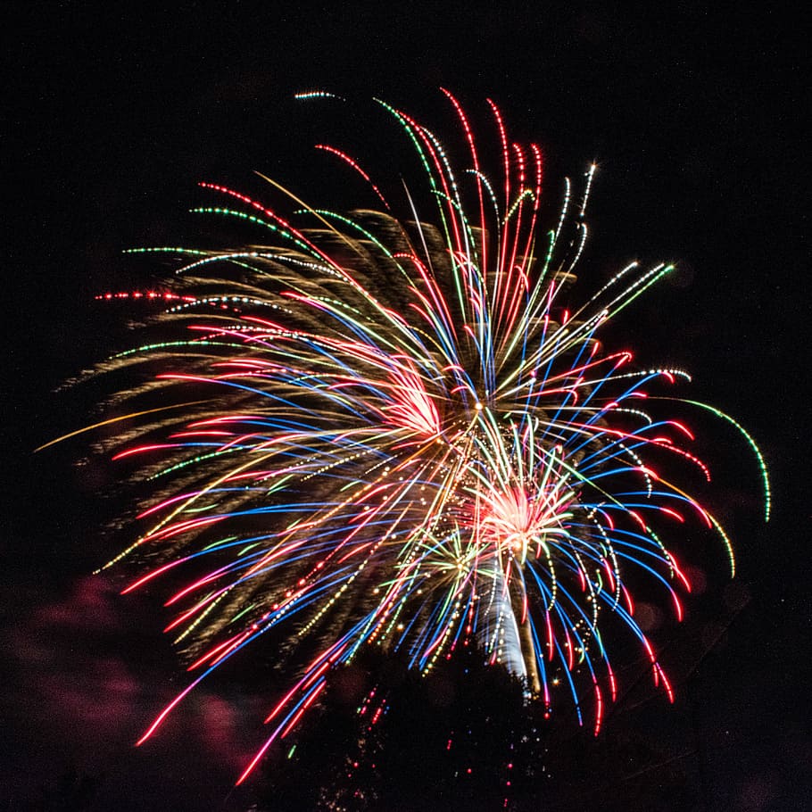 fireworks during night time, blue, red, green, still, light, display