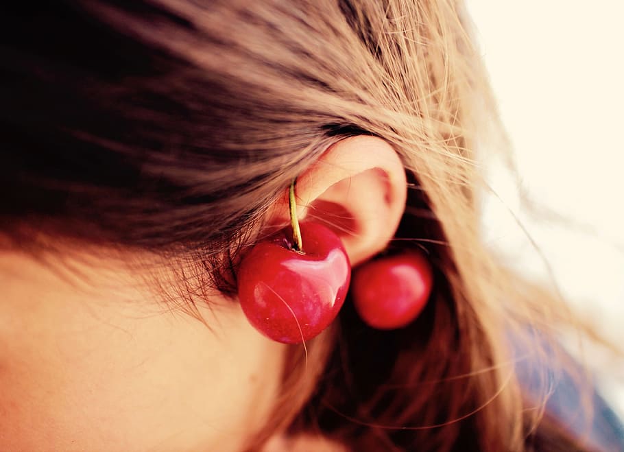 pink earring, Cherries, Fruit, Red, Summer, Food, kitchen, hair HD wallpaper