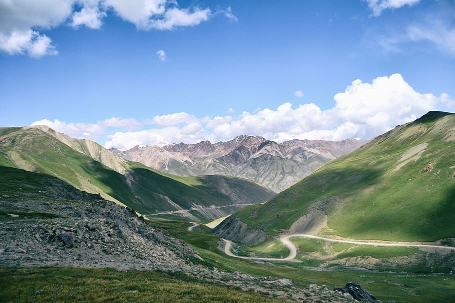 mountain, highland, rocks, cloud, blue, sky, summit, ridge HD wallpaper