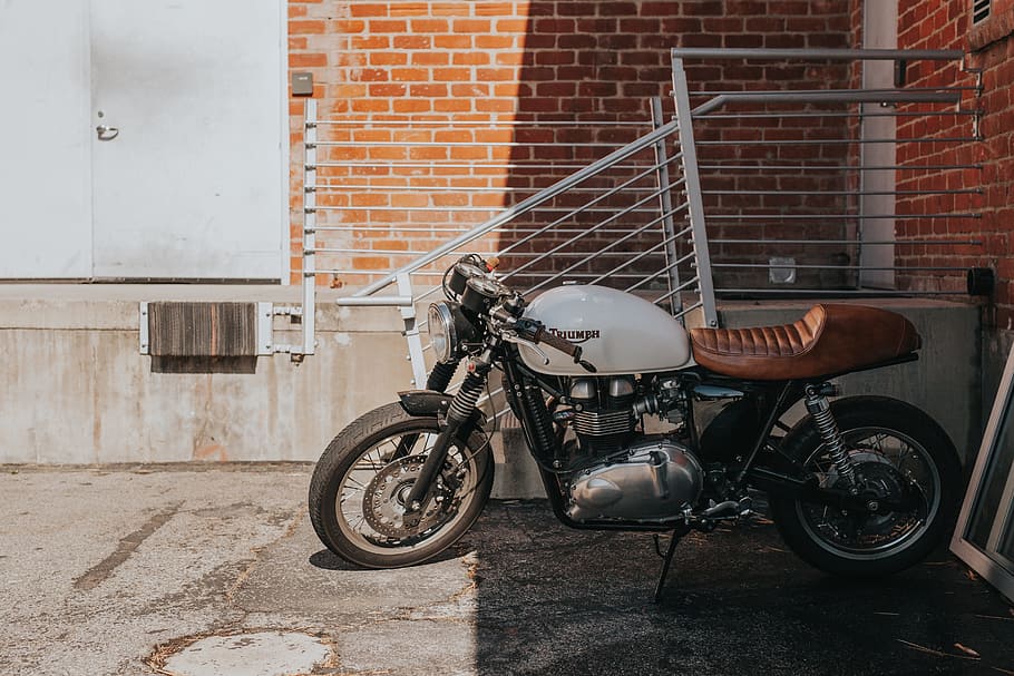 white and brown cruiser motorcycle beside gray steel railings, white and black bobber motorcycle