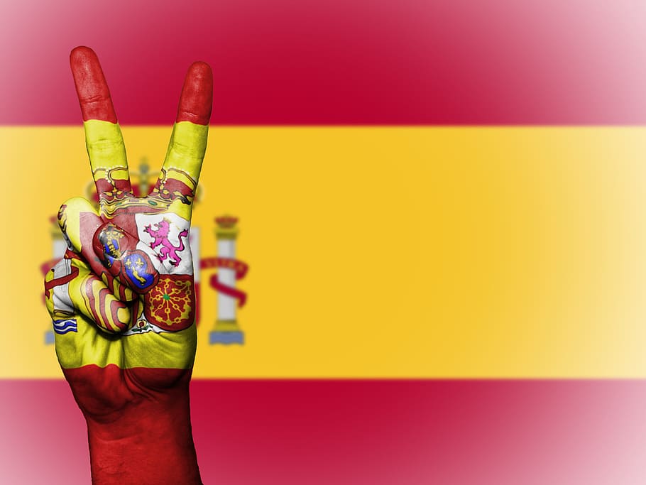 red and yellow flag with peace handsign, Spain, Nation, Background HD wallpaper