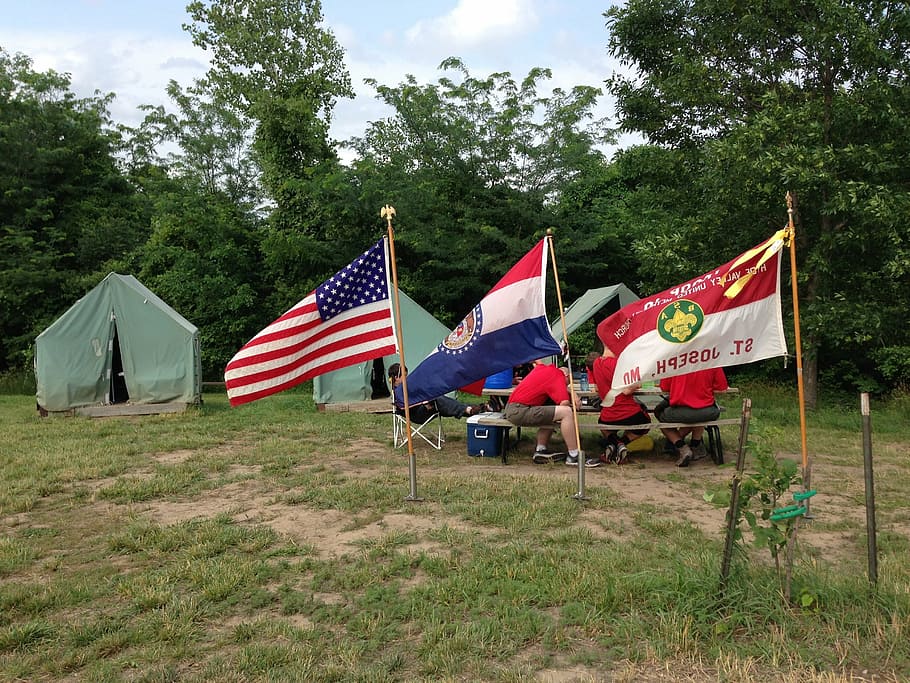 camp, tent, flags, camp geiger, summer, camping, campsite, plant HD wallpaper