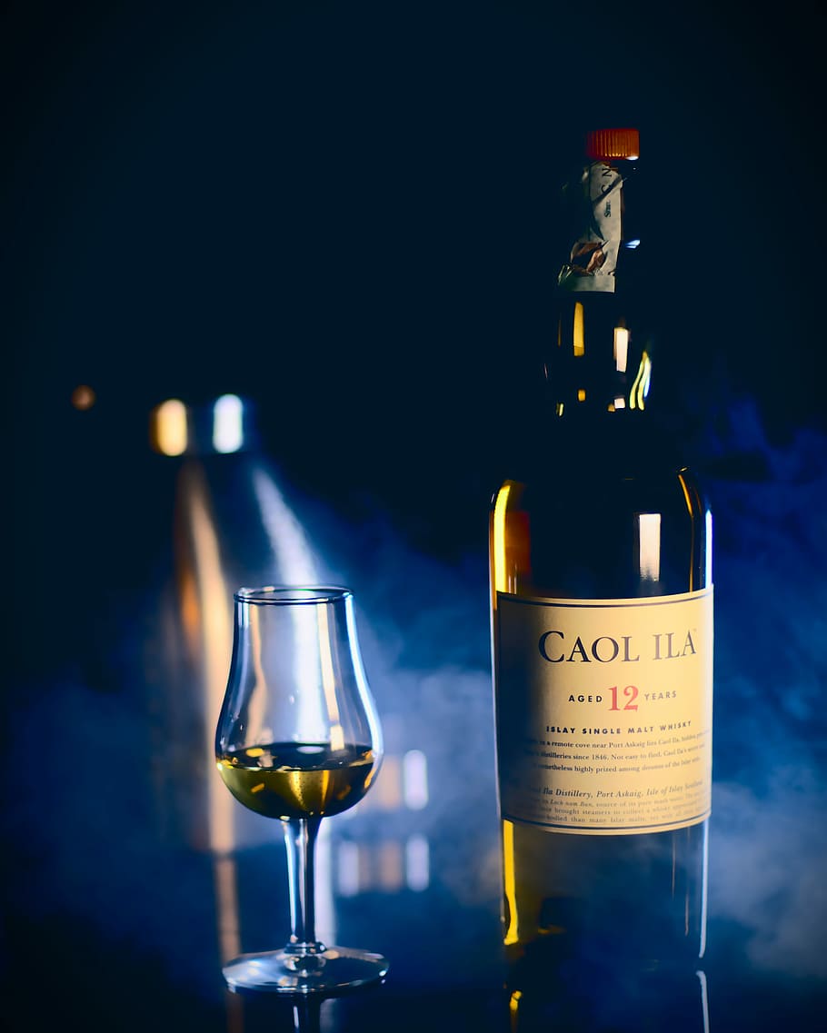 Caol Ila bottle near wine glass, Caol Ila bottle beside clear drinking glass, HD wallpaper