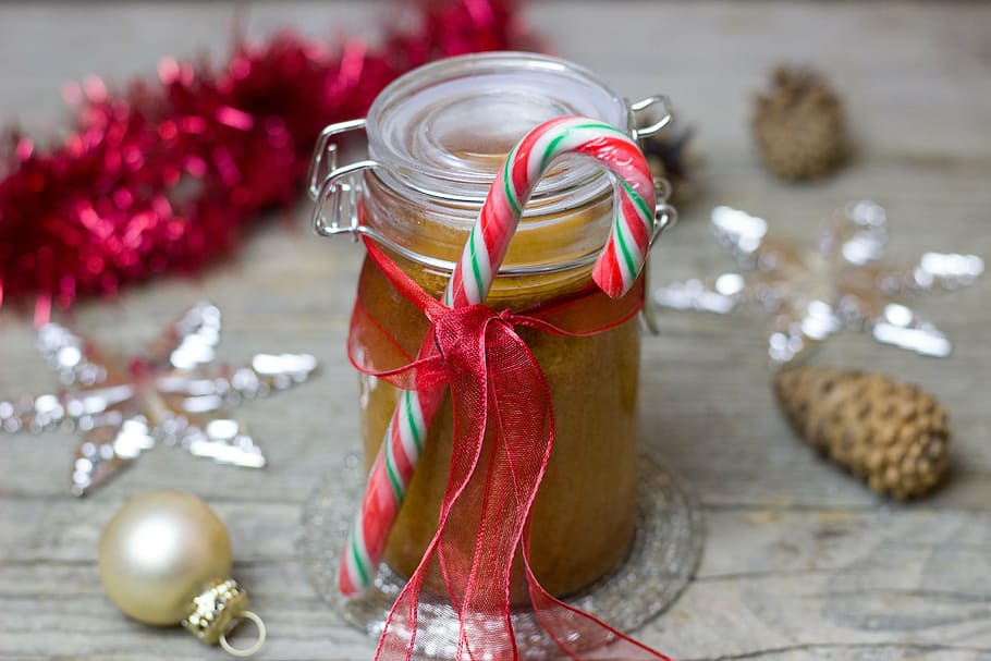 clear glass mason jar and candy cane, cake, gift, bake, kitchen