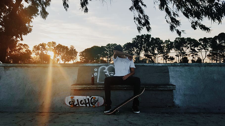 man sitting on chair beside white skateboard, Afternoon, sitting, outdoors, men, people, water HD wallpaper