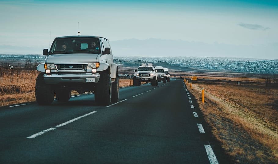 white car on roadway, grey vehicles on road, drive, landscape HD wallpaper