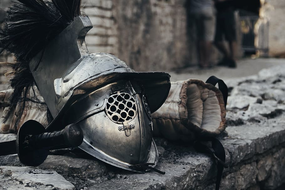 photo of gladiator helmet, warrior, gear, weapons, arena, roman