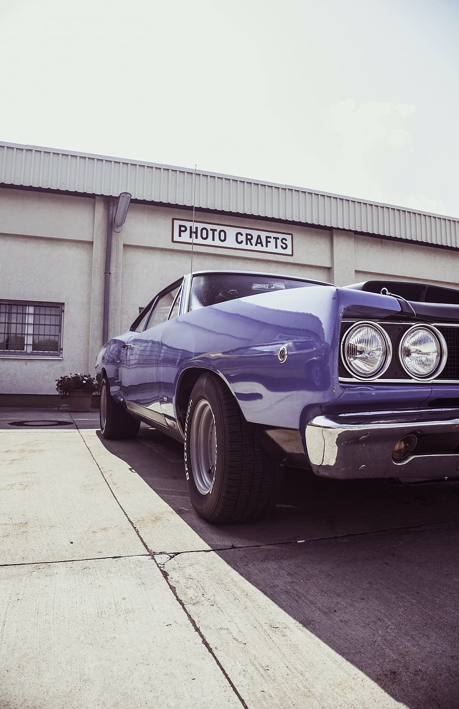 purple coupe near Photo Crafts store facade, oldtimer, chrome, HD wallpaper
