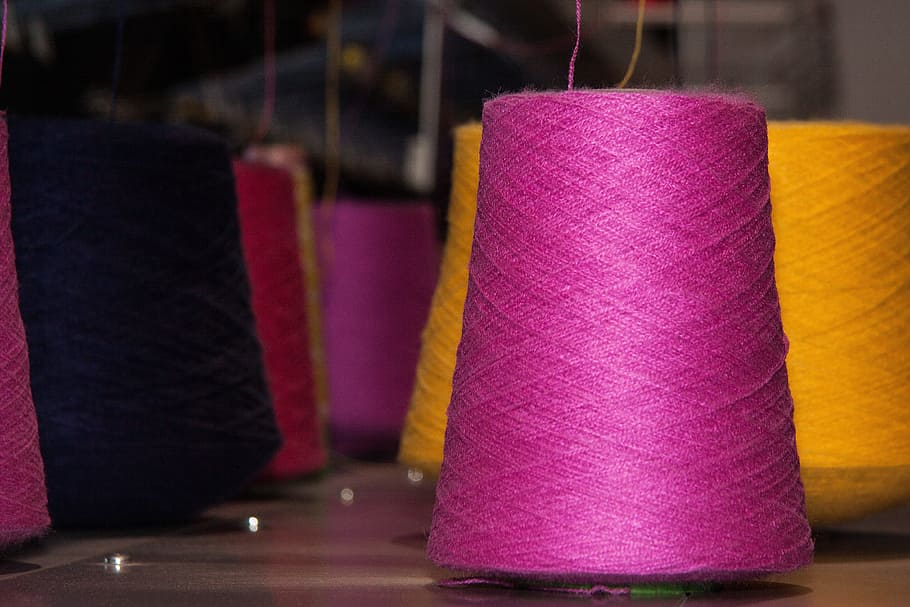 selective focus photo of a pink thread, coil, yarns, flat knitting machine HD wallpaper