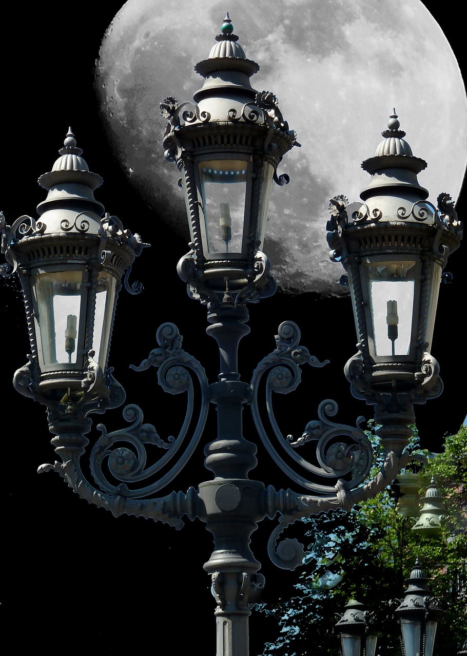 candelabra, full moon, lamp, light, lighting, lantern, hell HD wallpaper