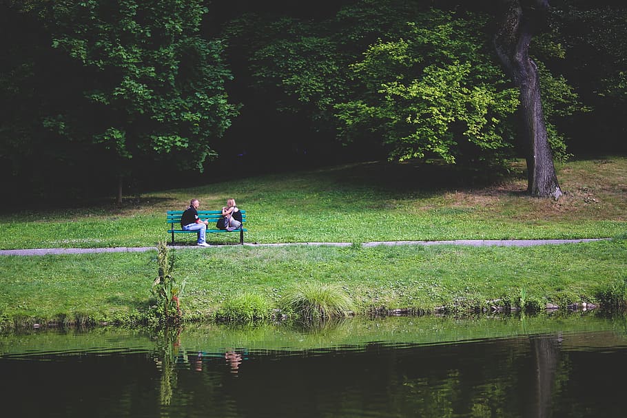 two person sitting on bench near body of water and trees during daytime