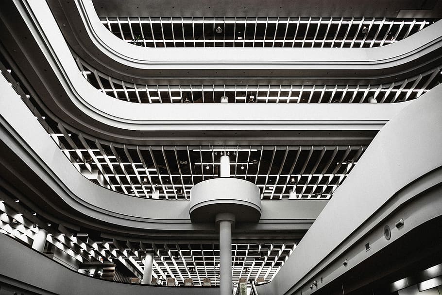 white building floors, grayscale photography of building, architecture HD wallpaper