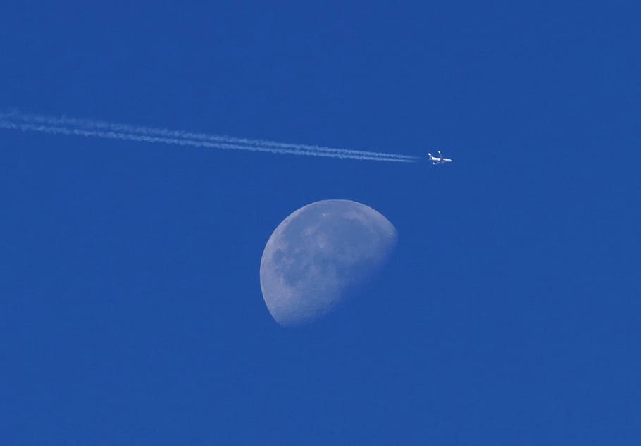 moon, airplane, night, flight, aircraft, flying, blue, jet HD wallpaper