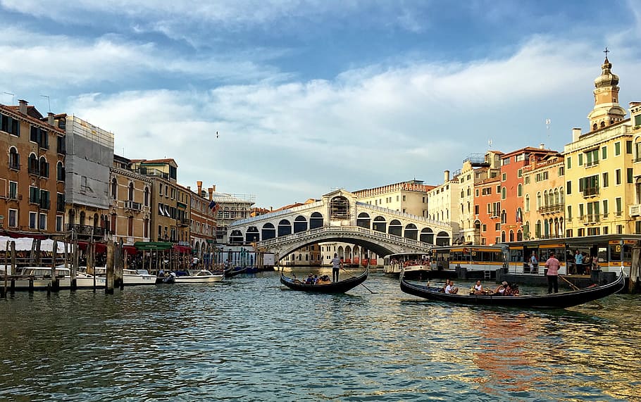 Venice, Gondola, Italy, Water, Gondolier, rialto bridge, evening, HD wallpaper