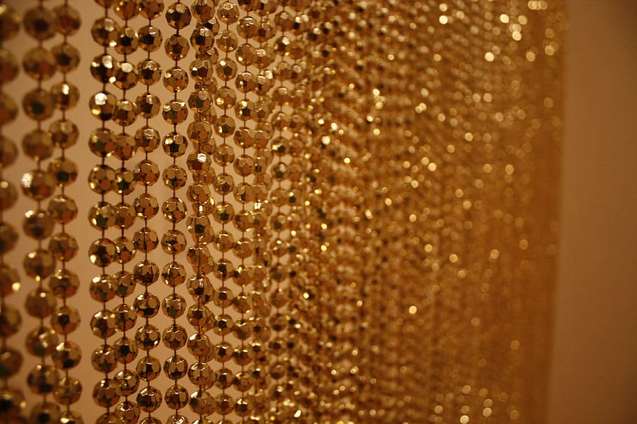 beaded brown decors, Curtain, Balls, Gold, gold colored, abundance HD wallpaper