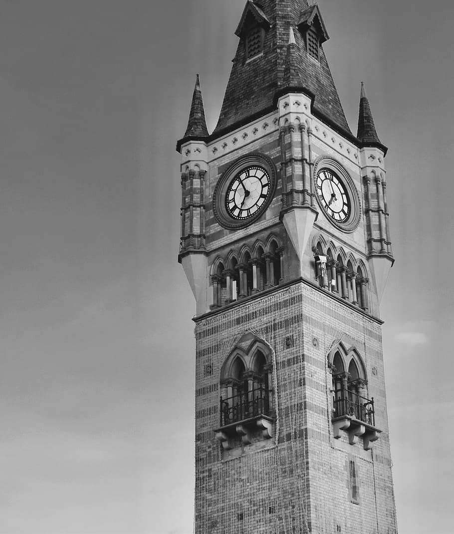 clock, tower, darlington, architecture, england, uK, black And White HD wallpaper