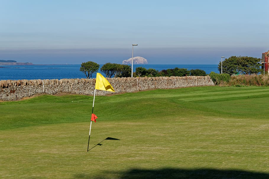 golf green, scenery, golf course, golf flag, sea, grass, nature, HD wallpaper