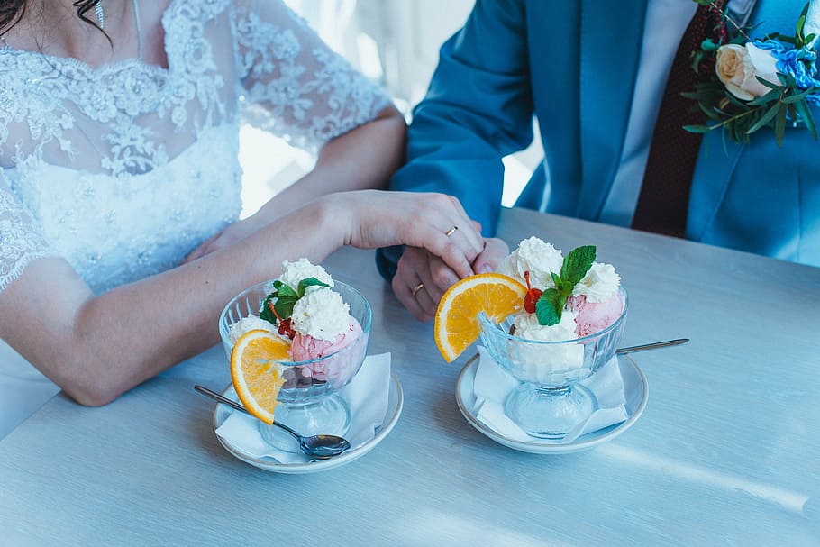 ice cream on top of table, wedding, orange, women, adult, two people HD wallpaper