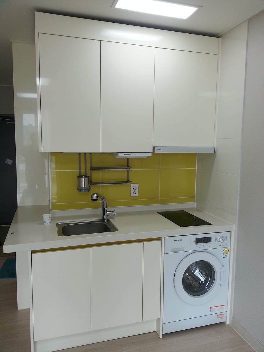 white kitchen cupboard, sink, and dishwasher, officetel, studio HD wallpaper