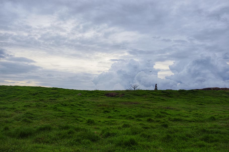 Lawn, Clouds, Figure, field, grass, nature, landscape, cloud - sky HD wallpaper