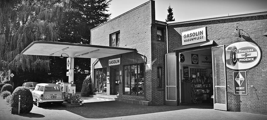 grayscale photo of gas station, petrol stations, oldtimer, factory town, HD wallpaper