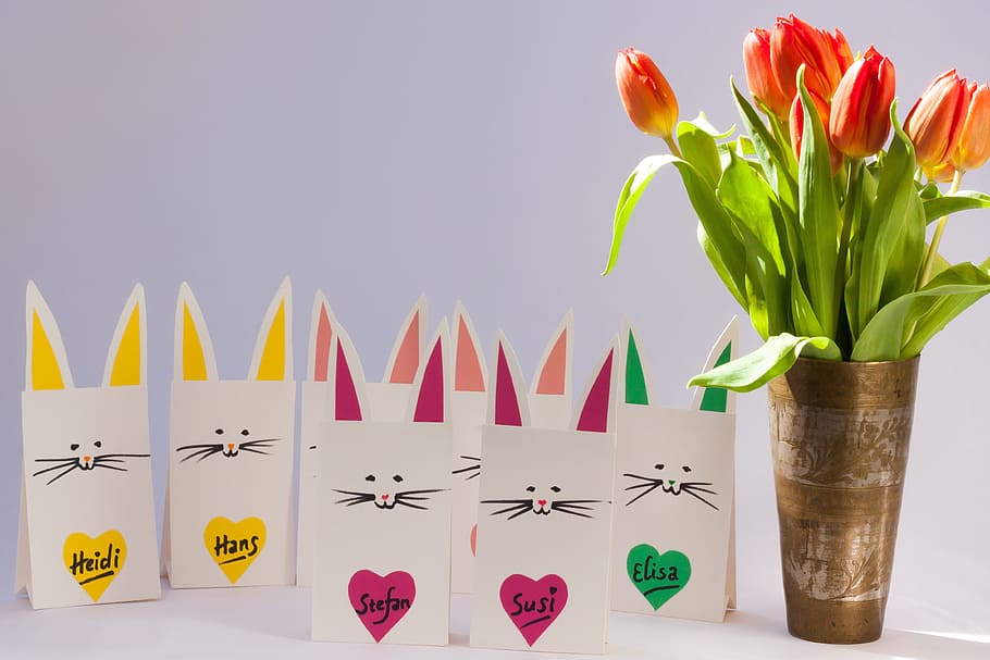 rabbit, hand labor, tinker, paper bunny, stand, table decoration HD wallpaper