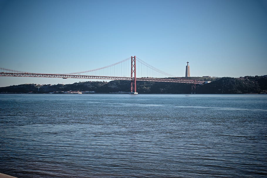 sky, small river, bridge, monument, lisbon, vignette, water HD wallpaper