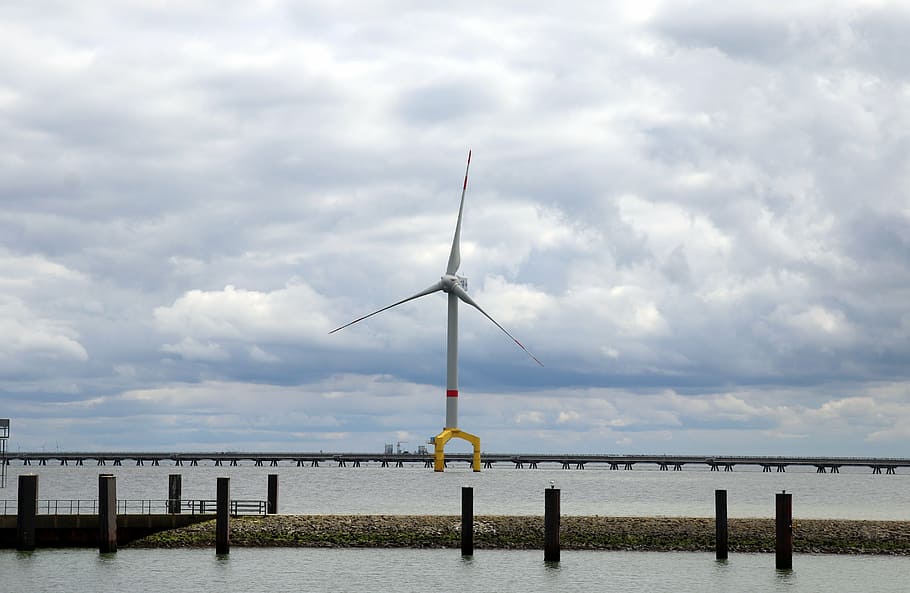 pinwheel, wind power, sea, offshore, energy, ecology, environmental technology, HD wallpaper
