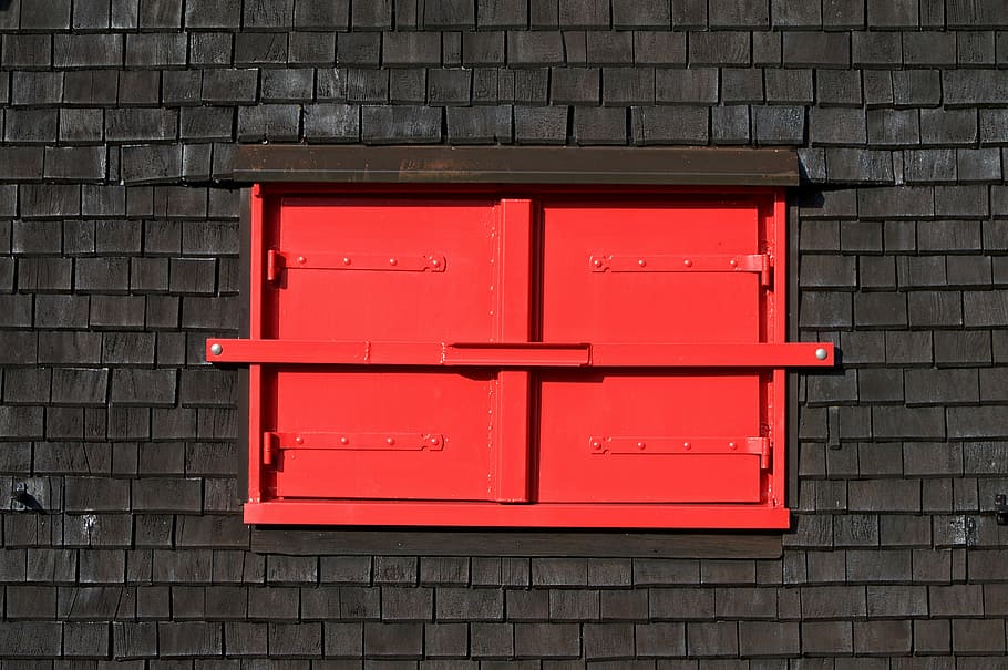 red metal window, shutters, closed, locked, wood, old, home, historically, HD wallpaper