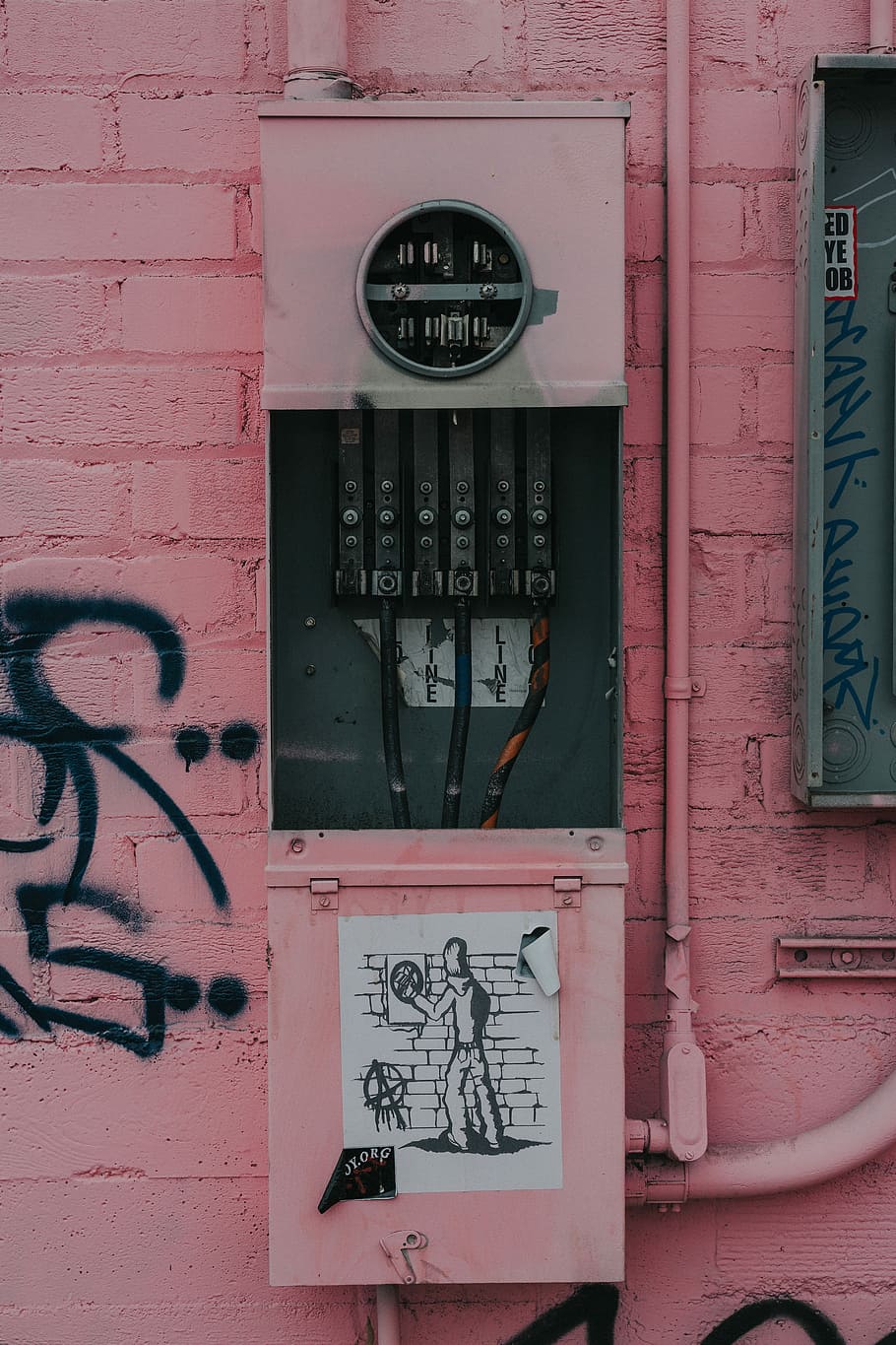 photography of distribution board with graffiti sticker, pink and gray circuit board HD wallpaper