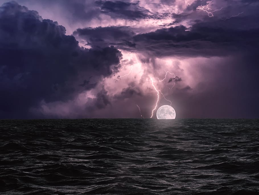 mar, moon, water, clouds, moonlight, sky, mystic, fantasy, nature HD wallpaper