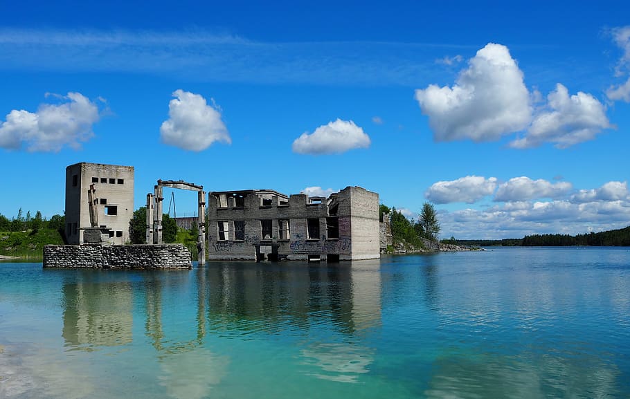rummu, estonia, lake, ruins, abandoned, water, architecture, HD wallpaper