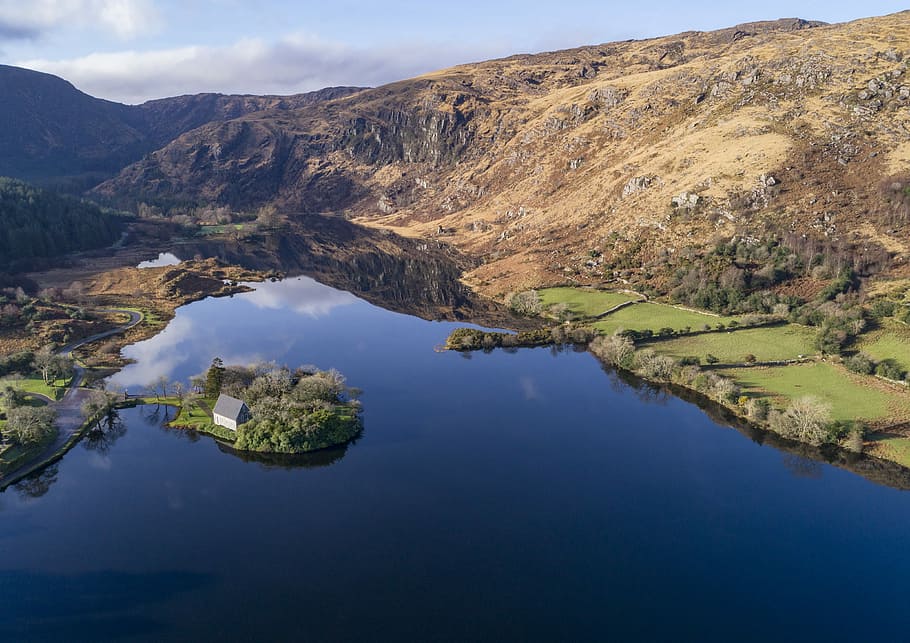 Gougane Barra, lake beside mountains and fields, landscape, water