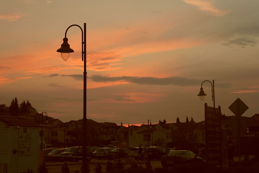 sunset, lamps, sky, dawn, summer, building exterior, architecture HD wallpaper