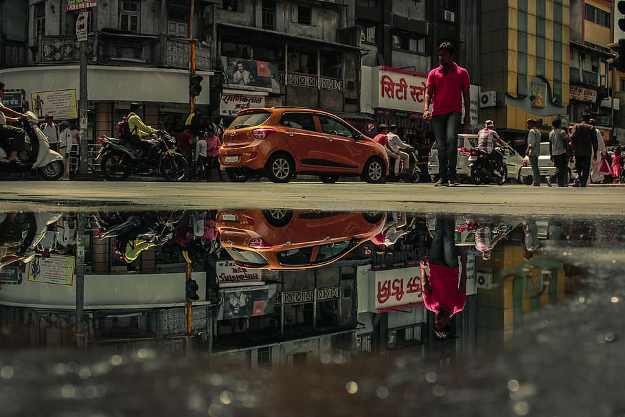 Parallel Worlds, people walking near cars and motorcycles, puddle HD wallpaper