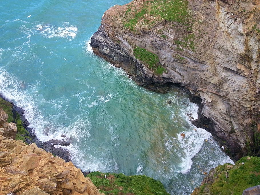 cliff, down, sea, nature, rock, landscape, coast, water, blue HD wallpaper