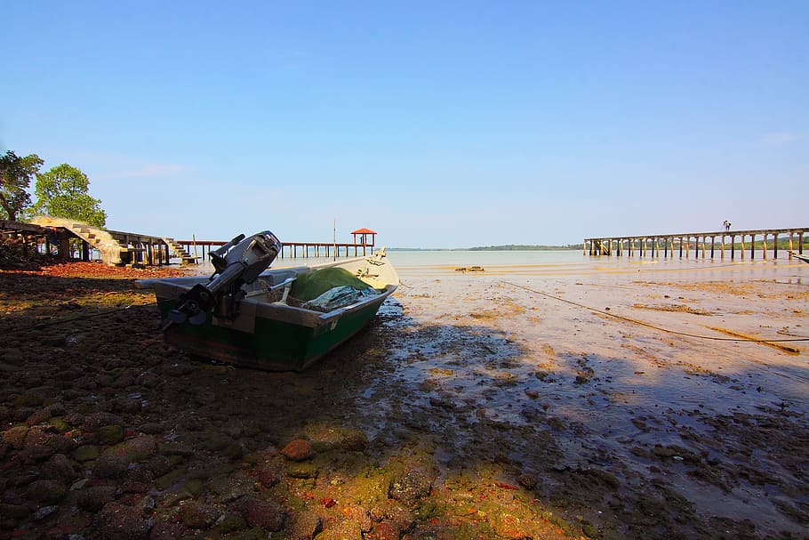 jetty, sea, landscape, nature, beach, boat, clouds, dock, ocean HD wallpaper