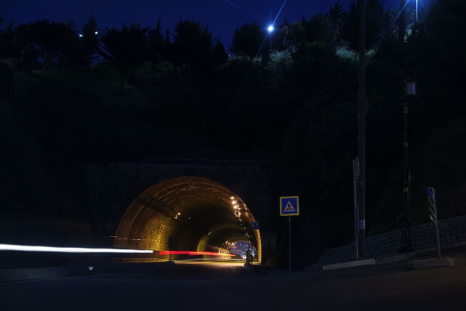 dark, lights, night, road, street, tunnel, illuminated, long exposure HD wallpaper