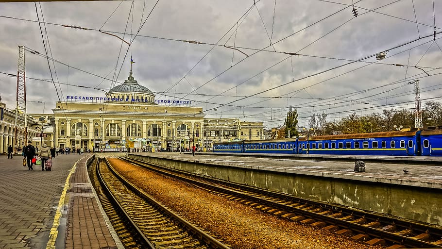 odessa, station, train, rails, wire, people, clouds, rail transportation HD wallpaper