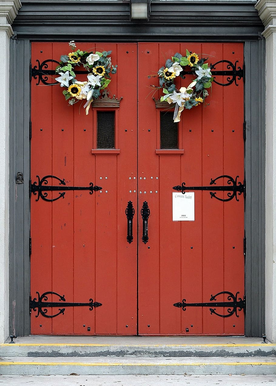 closed red wooden door, church, cathedral, st augustine, florida HD wallpaper