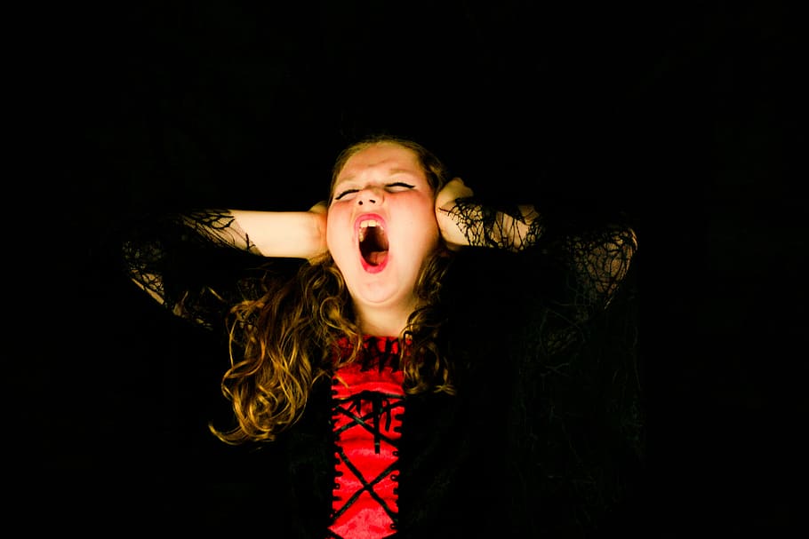 woman wearing red and black top, scream, child, girl, people, HD wallpaper