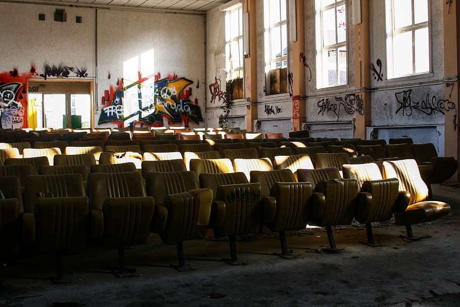 Destroyed, Cinema, Old, Graffiti, leave, notch, rows of seats HD wallpaper