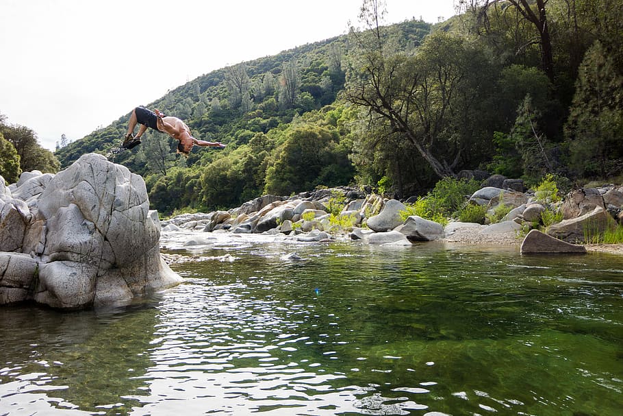 man, outdoors, person, river, rocks, trees, water, nature, men HD wallpaper