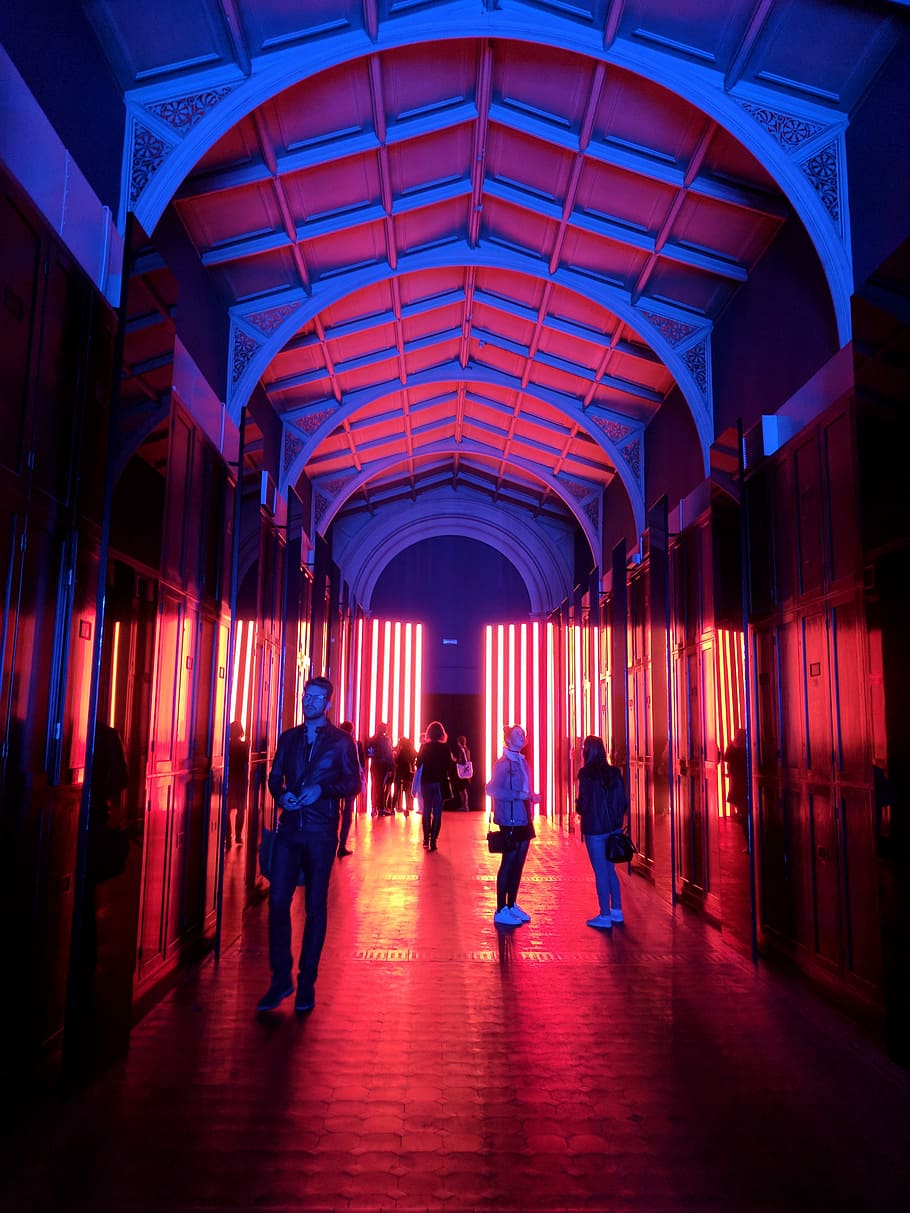 people walking on alley with white roof during nighttime, people standing inside lighted dome HD wallpaper
