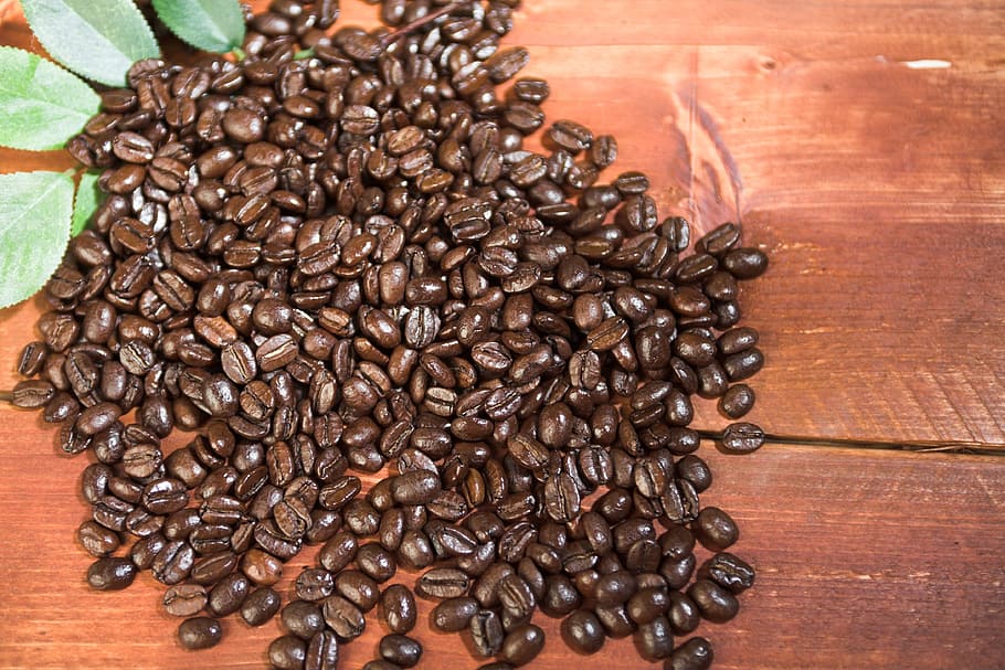 black coffee beans on brown wooden slab beside green leafed plant HD wallpaper