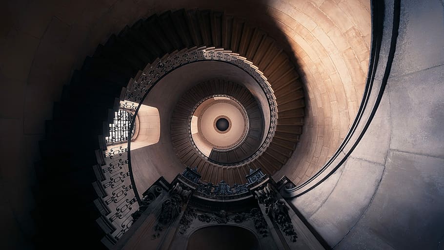 The long Stairs!, aerial photography of spiral stairs, staircase HD wallpaper