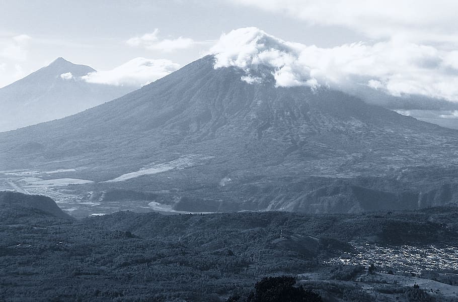 volcano, mountains, guatemala, hills, smoke, sky, clouds, nature, HD wallpaper