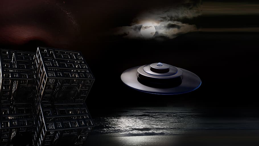 black U.F.O in ocean, background image, cover, forward, fantasy HD wallpaper